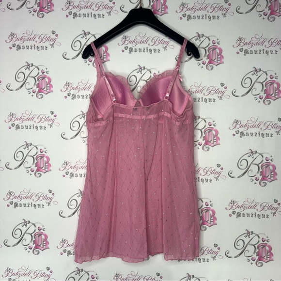 Babydoll sparkly dress pink silver polkadot ribbon bow tie stretchy mesh y2k - Picture 5 of 9